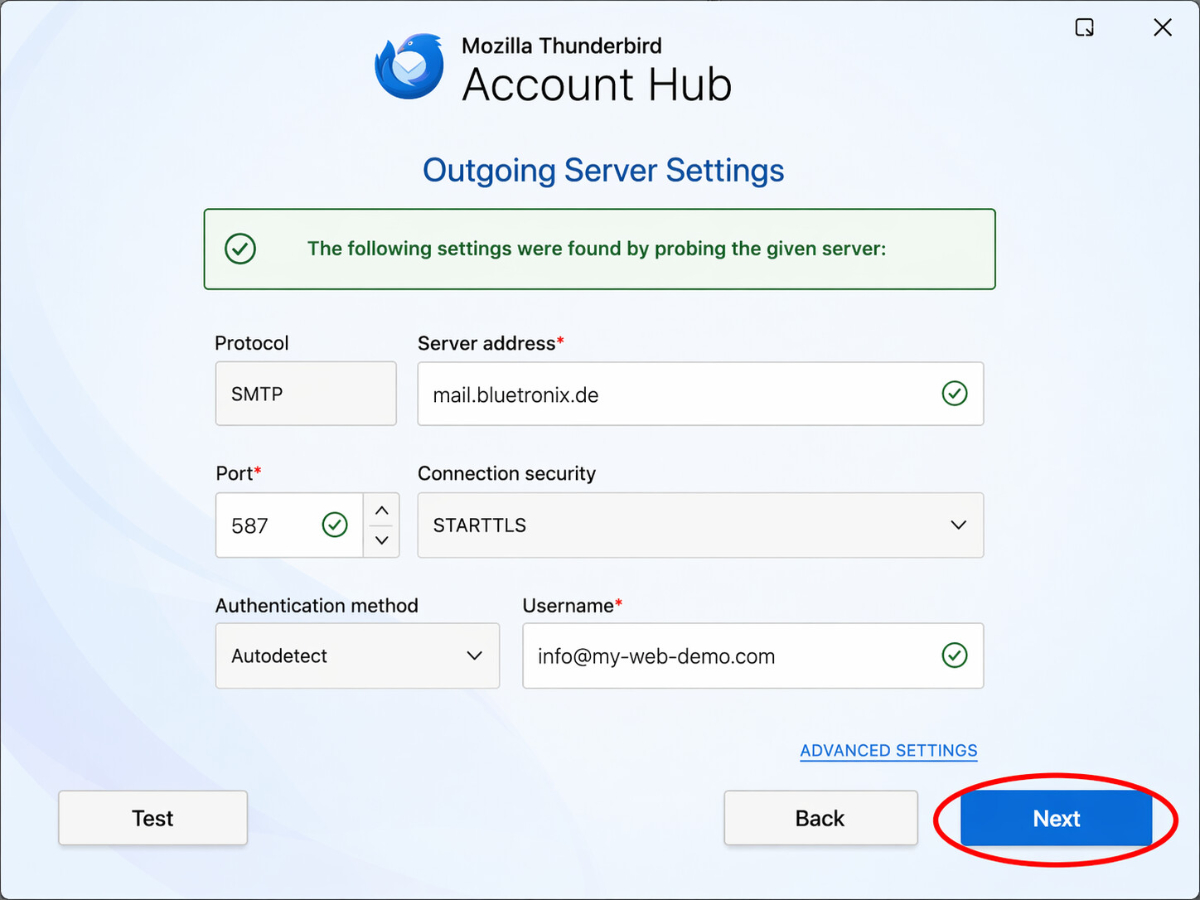 Thunderbird-Kontoeinrichtung nach erfolgreicher Prüfung der eingetragenen Serverdaten